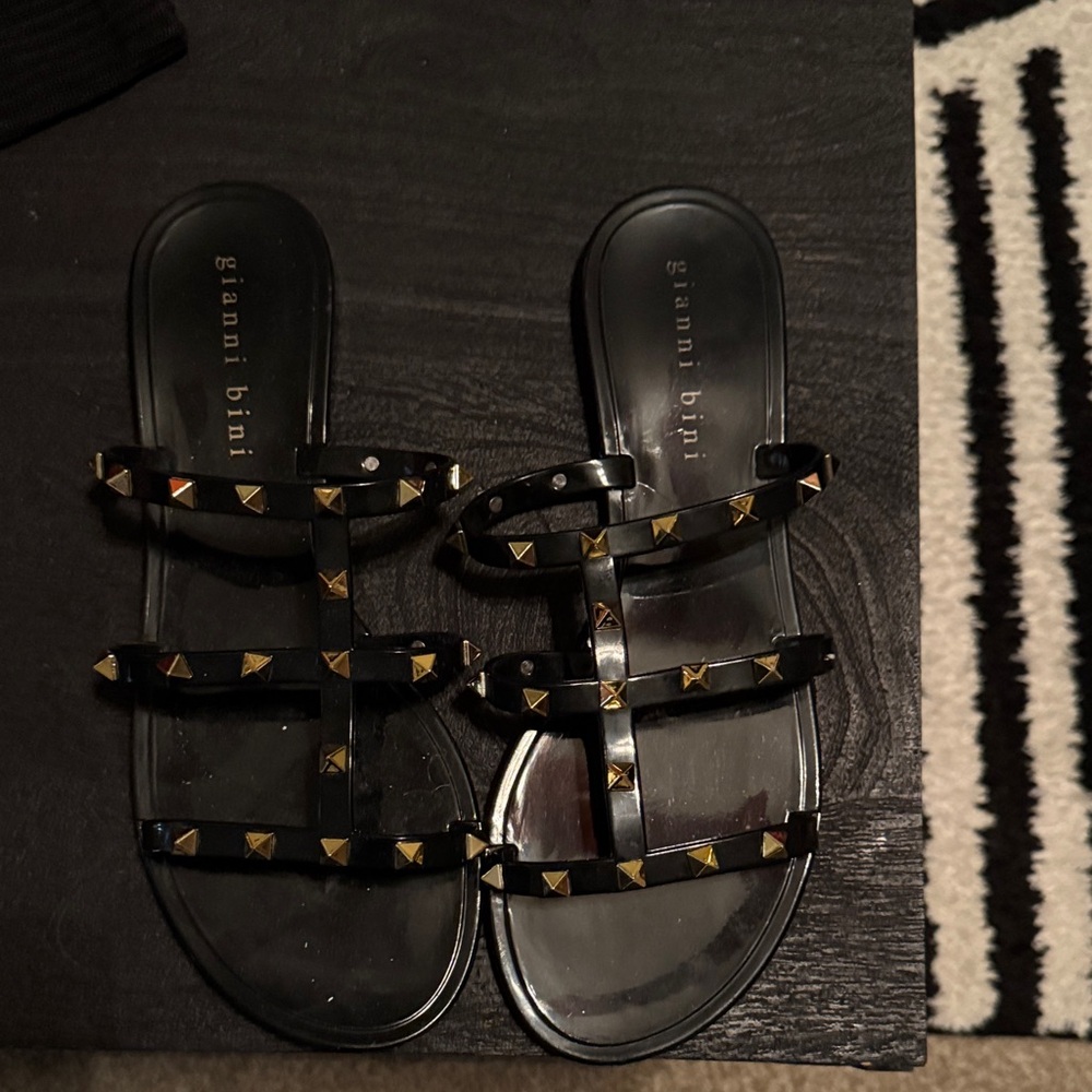 Gianni Bini Black Patent Slide Sandals with Gold Studs